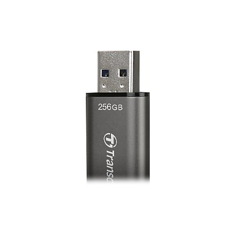 ClÃ© USB gris foncÃ© avec 256 Go et logo Transcend. Le connecteur USB est argentÃ©.