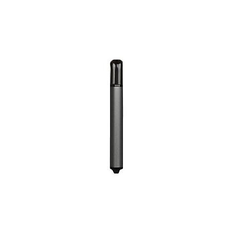 Un stylo gris avec un capuchon et une pointe noirs, sur fond blanc.