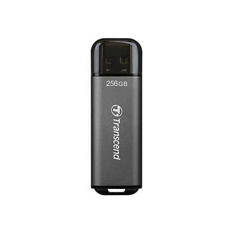 ClÃ© USB Transcend grise avec capuchon noir. Inscription : 256 Go.