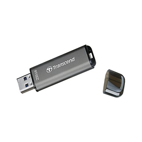 Une clÃ© USB Transcend grise avec le capuchon retirÃ©. Inscription '256 Go' et 'Transcend'.