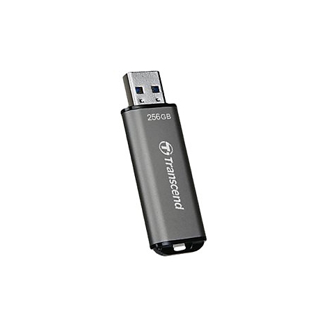 ClÃ© USB grise avec 256 Go de capacitÃ© de stockage et logo Transcend.