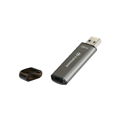 ClÃ© USB grise avec capuchon noir. La clÃ© indique Transcend et 256GB.