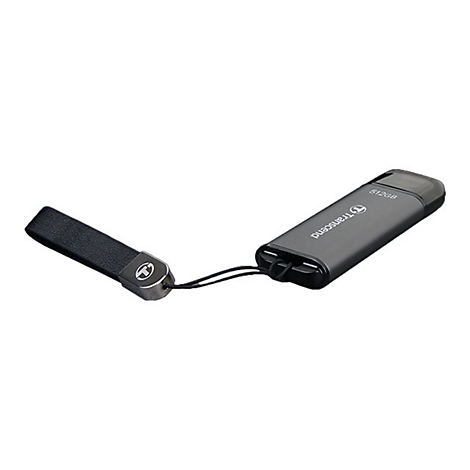 ClÃ© USB grise avec dragonne, marque Transcend. Inscription 512 Go.