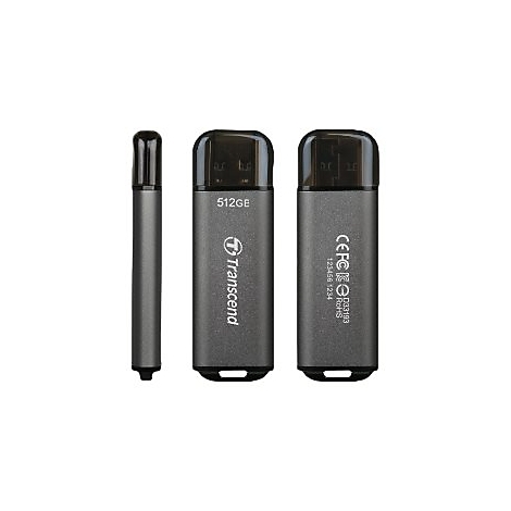 Trois clÃ©s USB grises avec des capuchons noirs. Le milieu affiche 512 Go et Transcend.