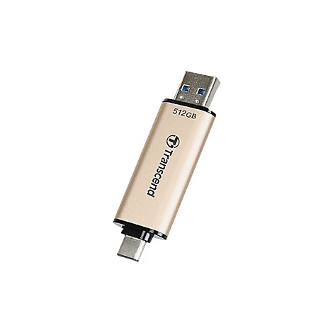 Clé USB dorée avec connecteur USB-A et USB-C. Inscription : Transcend, 512 Go.