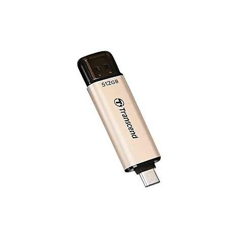 ClÃ© USB dorÃ©e avec capuchon noir et connecteur Type-C. Inscription 512 Go et Transcend.