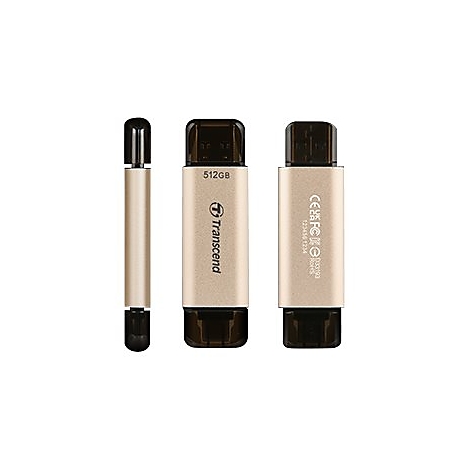 Trois clÃ©s USB cÃ´te Ã  cÃ´te. On y voit le corps dorÃ©, le capuchon noir, le fabricant Transcend et la capacitÃ© de stockage de 512 Go.