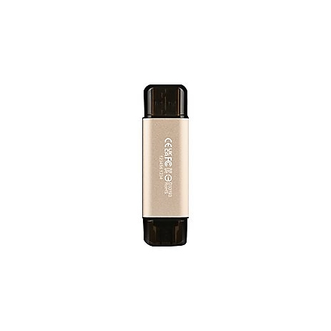 Goldener USB-Stick mit schwarzer Kappe vor weißem Hintergrund.