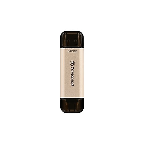 Goldener Transcend USB-Stick mit 512GB Speicher und zwei schwarzen Schutzkappen vor weißem Hintergrund.