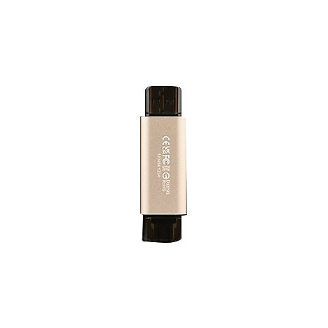 Goldener USB-Stick mit schwarzem Stecker vor weißem Hintergrund.