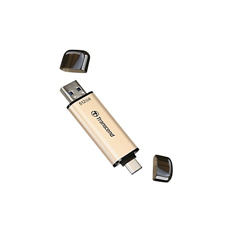 Goldfarbener USB-Stick mit abgenommenen Kappen. Auf dem Stick steht 512GB und der Markenname Transcend.