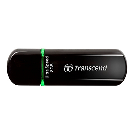 Clé USB noire avec des accents verts. La clé indique 'Ultra Speed 8GB' et le nom de la marque 'Transcend'.