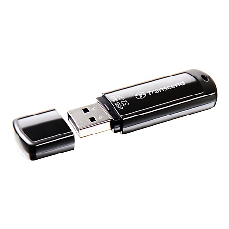Clé USB noire avec le capuchon ouvert. "Transcend" et "USB 3.0 32GB" sont inscrits sur la clé.