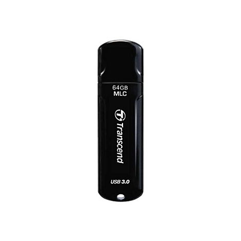 Schwarzer USB-Stick von Transcend mit Logo und Schriftzug, 64GB MLC, USB 3.0. Kleines Loch am unteren Ende.