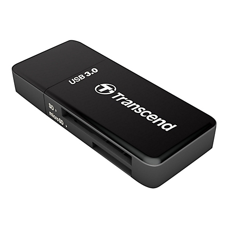 Schwarzer USB 3.0 Kartenleser von Transcend. SD- und microSD-Kartenleser.
