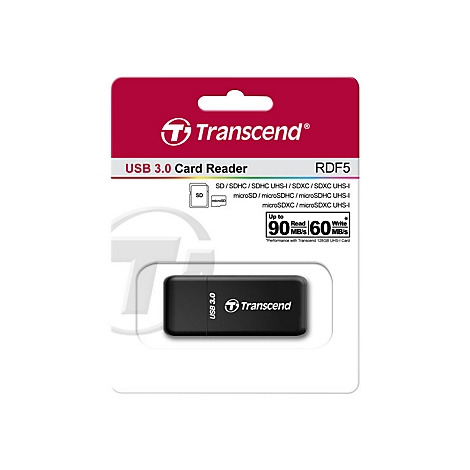 Schwarzer USB-Kartenleser mit Verpackung. Aufdruck: Transcend, USB 3.0, RDF5, bis zu 90MB/s lesen, 60MB/s schreiben.