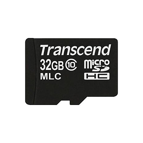 Carte micro SD Transcend noire avec lettrage blanc : 'Transcend 32 Go MLC micro SDHC'.