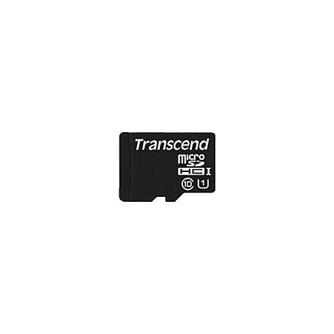 Schwarze Micro SD-Karte mit 'Transcend', 'micro SDHC' und Symbolen.