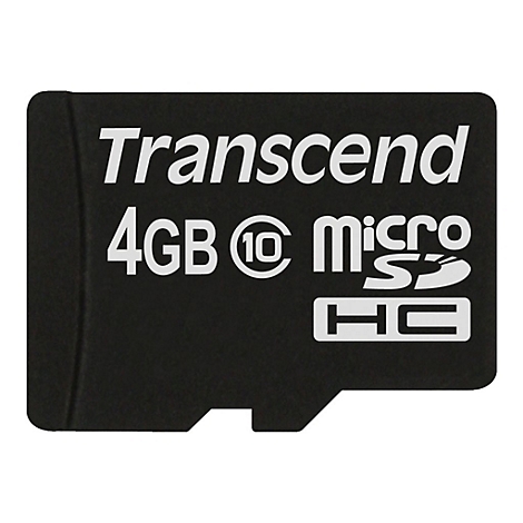 Schwarze microSD-Karte mit weißem "Transcend 4GB micro HC" Aufdruck. Abgerundete Ecken und Aussparung unten.