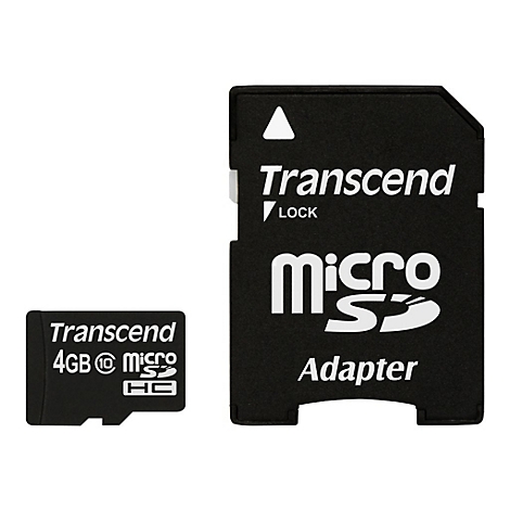 Eine schwarze Micro-SD-Karte und ein Adapter. Die Karte trÃ¤gt den Schriftzug Transcend 4GB Micro SDHC. Der Adapter hat den Schriftzug Transcend Micro SD Adapter.