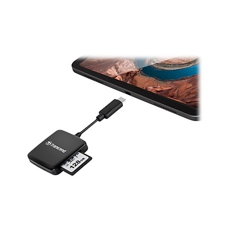 Ein schwarzer Kartenleser mit einer SD-Karte und einem USB-C-Kabel, das an ein Tablet angeschlossen ist. Auf der Karte steht "128GB".