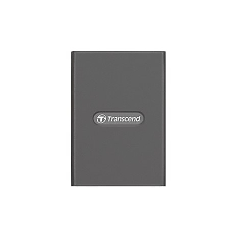 Dunkelgraue externe Festplatte mit "Transcend"-Logo. Sie hat abgerundete Ecken und steht vor weißem Hintergrund.