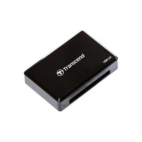 Schwarzer Kartenleser von Transcend mit USB 3.0-Logo. Aufschrift: Transcend und CFast 2.