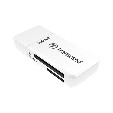 Weißer USB 3.0 Kartenleser, Marke Transcend, mit SD und microSD-Steckplätzen.