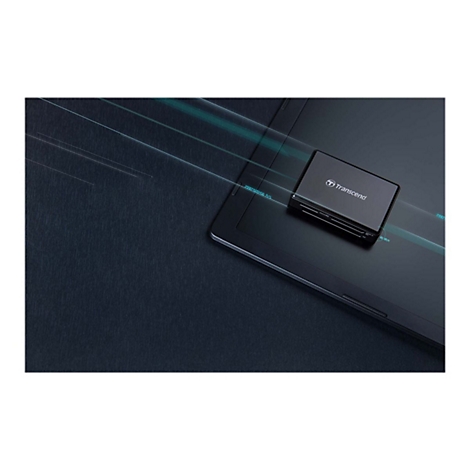Un lecteur de cartes Transcend noir sur une tablette, avec des lignes lumineuses en arriÃ¨re-plan.