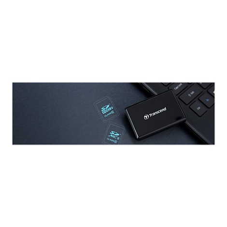Lecteur de carte noir avec cartes SD sur une surface sombre et clavier en arriÃ¨re-plan. Le logo Transcend est visible.