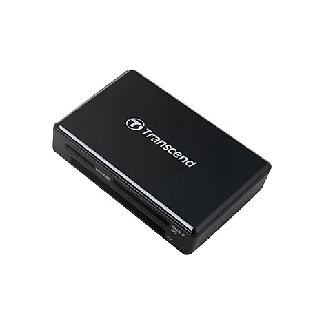 Lecteur de cartes Transcend noir avec ports MicroSD, UHS-I SD et CF.
