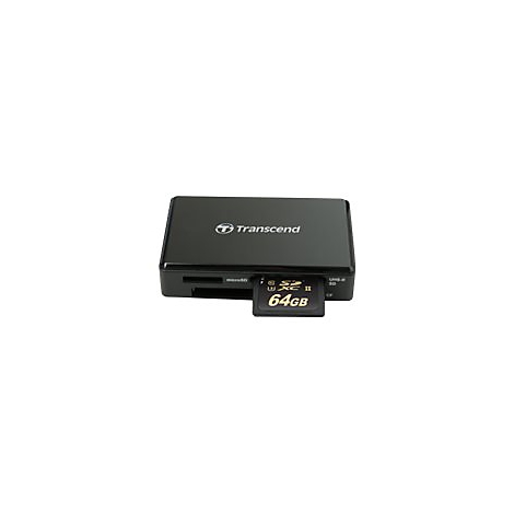 Lecteur de carte Transcend noir avec une carte SD de 64 Go insÃ©rÃ©e. Un emplacement microSD est Ã  gauche.