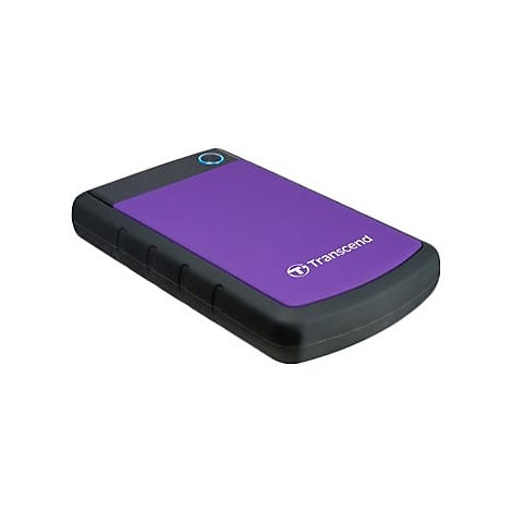 Disque dur violet avec une bordure noire et le logo Transcend.