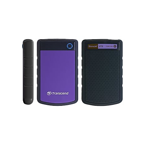 Trois vues d'un disque dur externe : côté, face avant et arrière. Violet, noir. Avec les logos 'Transcend' et 'StoreJet 4TB'.