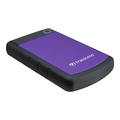 Un disque dur externe violet et noir. La surface violette porte le texte blanc "Transcend". Il y a un bouton d'alimentation bleu en haut.