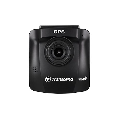 Dashcam noire avec objectif, GPS et Wi-Fi. Inscriptions : "GPS", "Transcend" et "Wi-Fi".