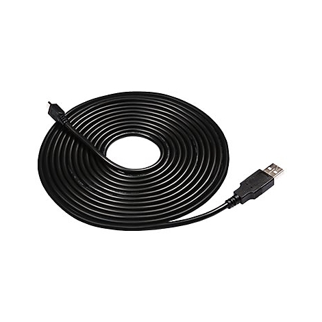 Ein schwarzes USB-Kabel in Spiralform, mit USB-A- und USB-B-Anschlüssen.