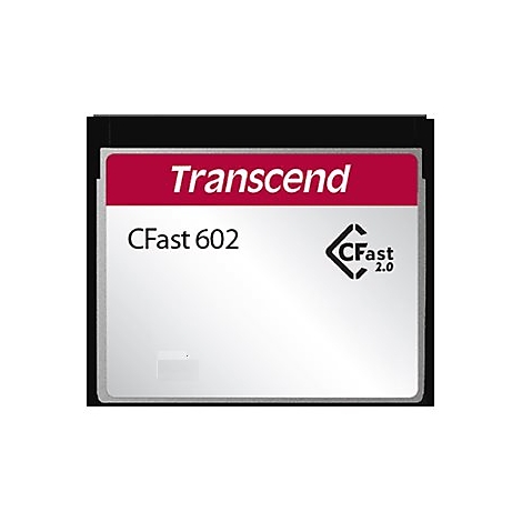 Carte mémoire CFast 602 de Transcend. Le nom du fabricant est en haut, en dessous CFast 602 et un logo.