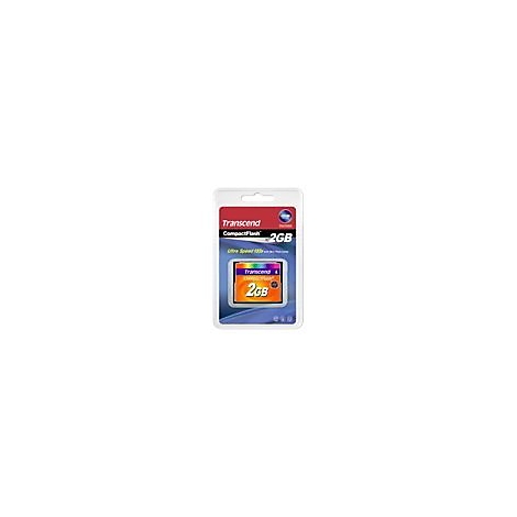 Un emballage plastique transparent présente une carte mémoire CompactFlash Transcend, 2 Go, avec un fond rouge et bleu.