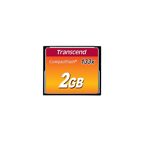Gros plan d'une carte CompactFlash avec l'inscription "Transcend", "CompactFlash® 133x" et "2GB" sur un fond jaune-orangé.