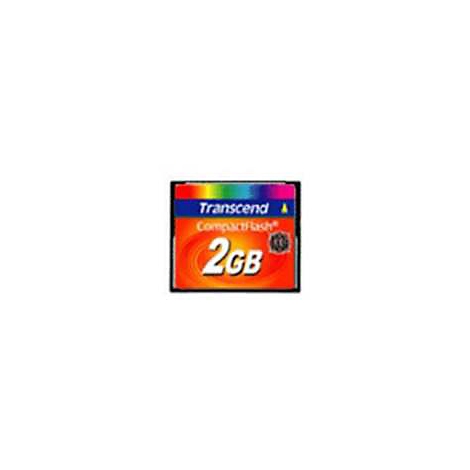 Une carte mémoire CompactFlash carrée, principalement orange, avec des lettres bleues et arc-en-ciel. La carte indique "Transcend CompactFlash" et "2GB".