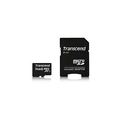 Une carte micro SD Transcend noire et un adaptateur, avec du texte et un logo blancs.