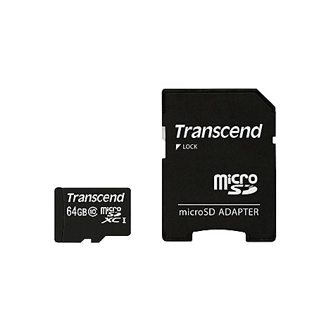 Deux cartes mémoire noires sur fond blanc. Une carte microSD et un adaptateur de carte SD. Les deux indiquent Transcend.