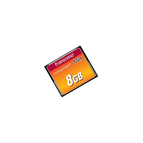 Gros plan sur une carte mémoire CompactFlash Transcend, 8 Go, 133x. Le fond est blanc.
