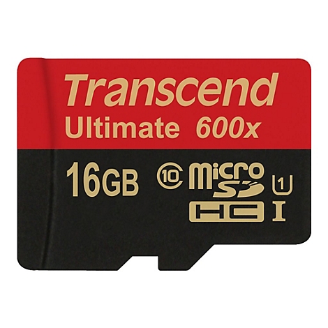 Eine rote und schwarze Transcend MicroSD-Karte. Oben steht Transcend Ultimate 600x, darunter 16GB, micro SDHC I.