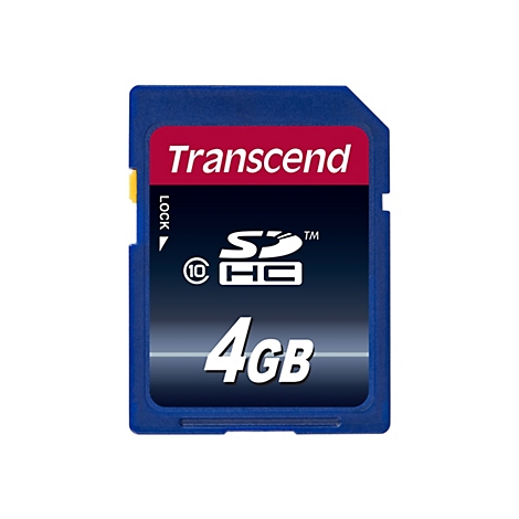Blaue Transcend SDHC Speicherkarte mit 4GB Kapazität und Sperrschalter an der Seite.