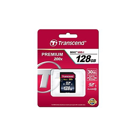 SDXC-Speicherkarte in Verpackung. Aufgedruckt sind Markenname, KapazitÃ¤t (128GB) und Geschwindigkeit (30MB/s).