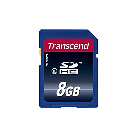 Blaue SD-Karte mit rotem Etikett Transcend. 8 GB, SDHC-Logo.