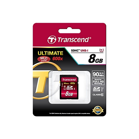 SD-Karte von Transcend, 8GB, in Verpackung. Aufschrift: Ultimate, SDHC UHS-I, 600x.
