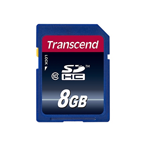 Blaue SD-Karte mit rotem Aufkleber "Transcend", 8GB Kapazität.